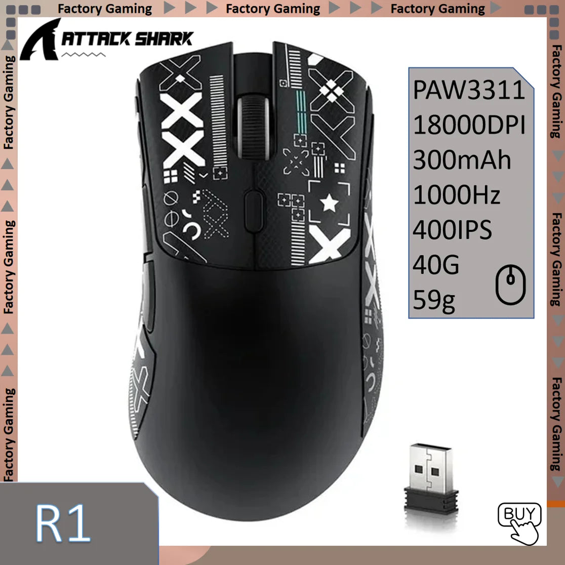 ATTACK SHARK R1 59g Ultra-Light Mouse with PAW3311, 18000 DPI, 400 IPS, 40G, 1000Hz, Tri-Mode, Broadcom BK3633 Master, 20 Million Times