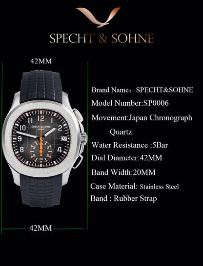 Specht & Söhne New Classic 5167 Men's Watch Orange Color Sapphire Crystal Rubber Srap Sports Male Quartz Watches 50M Waterproof