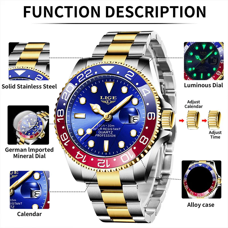 LIGE 2025 brand new men's watch luminous stainless steel business quartz luxury clock waterproof watches for men reloj hommes