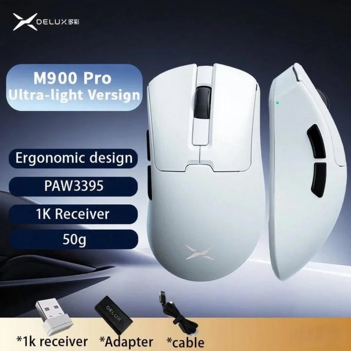 Delux M900PRO Ultra-Light Wireless Gaming Mouse, PAW3395 26K DPI, 1K/8K Polling Rate, Ergonomic Gaming Mouse for Large Hands, 50g PC Gaming Mouse