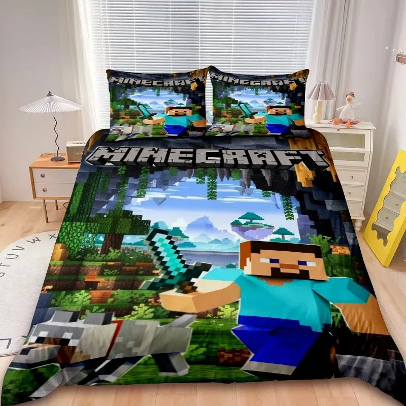 Kids Minecraft 2/3pcs Duvet Cover Set Game My World Bedding Set Comforter Cover Boys Kids for Bedroom Decor Gifts