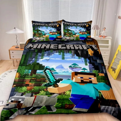 Kids Minecraft 2/3pcs Duvet Cover Set Game My World Bedding Set Comforter Cover Boys Kids for Bedroom Decor Gifts