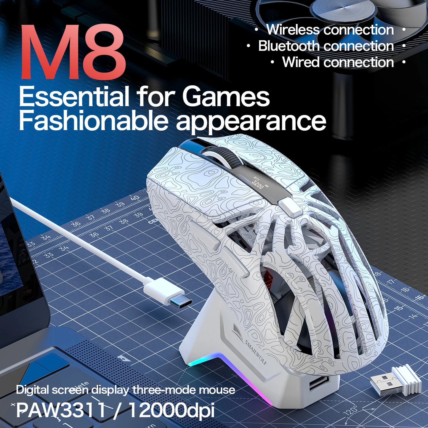 SMAILWOLF M8 Wireless Bluetooth Tri-Mode Gaming Mouse, 12000 DPI Lightweight RGB Gaming Mouse with PAW3311 Sensor, Magnetic Charging Dock