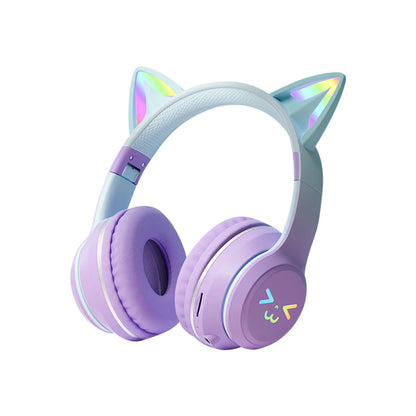 RGB Cat Ear Wireless Bluetooth Headphones for Kids & Girls, LED Light Stereo Gaming Headset with Microphone, Foldable Bluetooth Cat Ear Headphones
