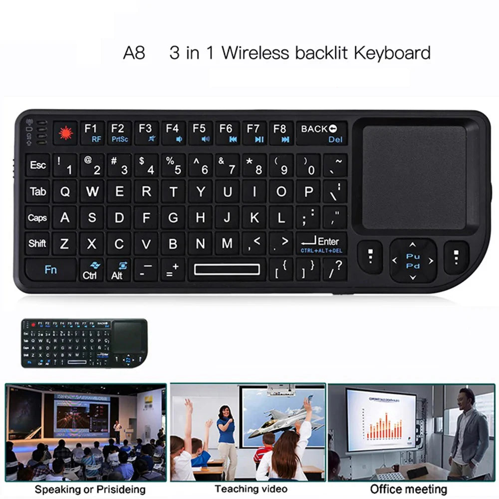 A8 Mini Wireless Keyboard 2.4G 7 Color Backlit 3 in1 Handheld Keyboard with Touchpad Air Mouse for Android TV Box PC Tablet