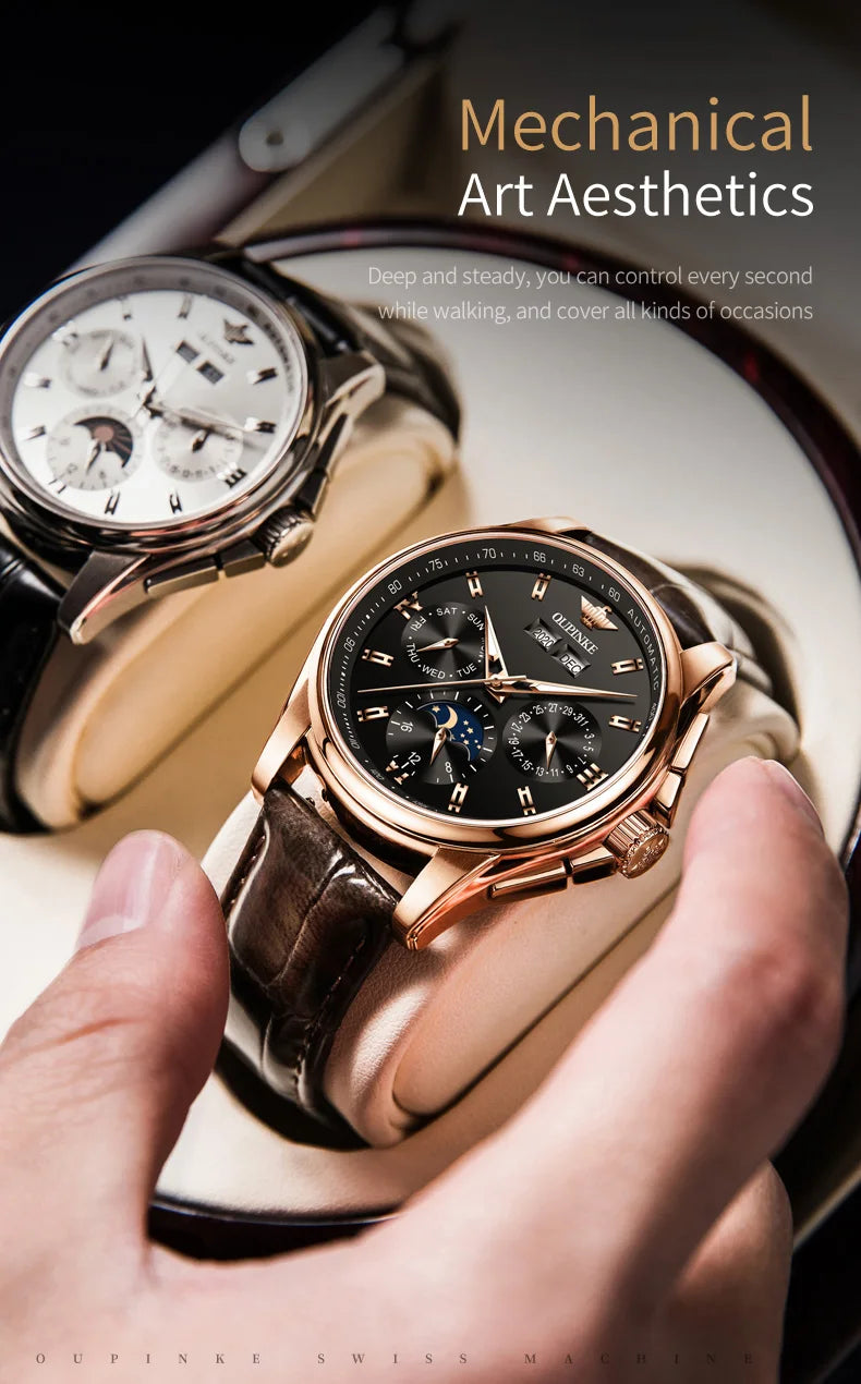OUPINKE 3189 Classic Men's Watch Leather Strap Waterproof Moon phase Top Brand Automatic Mechanical Men's Wristwatch