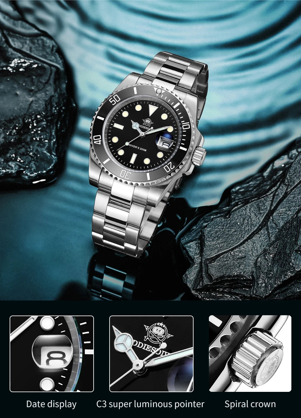 ADDIESDIVE klassische Herrenuhr mit Keramiklünette, 200m wasserdicht, lässige Quarzuhr mit BGW9 blauer Leuchtmasse, Geschenkuhr MY-H3-2
