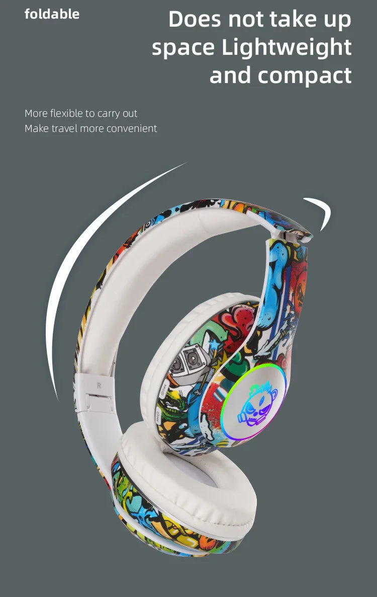 Auriculares gaming Bluetooth inalámbricos New Graffiti LX-8686 con micrófono, luz LED, compatibilidad con tarjeta TF, graves profundos y diseño circumaural para PC, gaming y niños