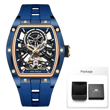 MINI FOCUS Men's Wristwatch Fashion Black Waterproof Automatic Mechanical Watch with Luminous Hands Silicone Strap Tonneau Dial