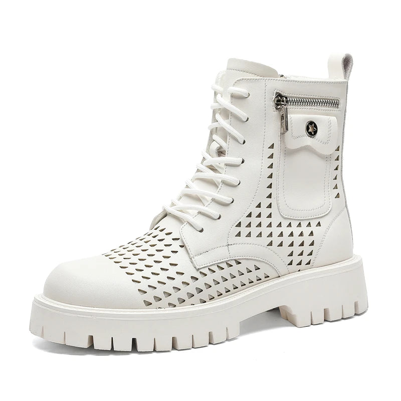 Non-Slip Men's High Top Casual Leather Shoes Street Style Motorcycle Boots New Stylish Ankle Boots Thick Bottom Walking Footwear