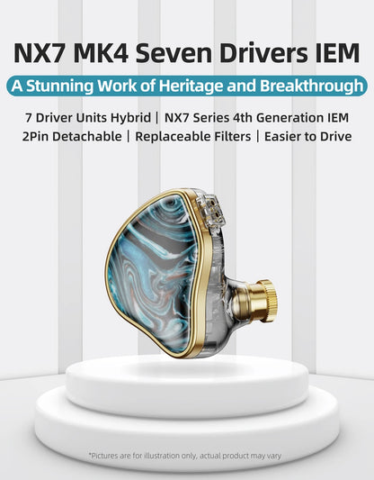 NICEHCK NX7MK4 HiFi Earphones 7 Driver Hybrid Audiophile IEM with Stabilized Wood Faceplate, Replaceable Tuning Filters, Wired Earbuds