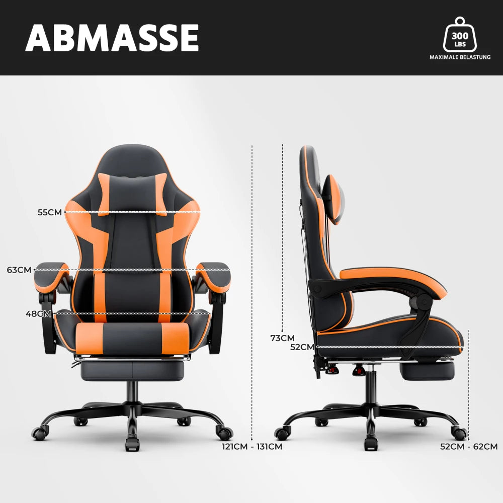Ergonomic Gaming Chair with Lumbar Support, Adjustable PU Leather Computer Chair, Reclining Office Gaming Chair with Footrest, Black Orange