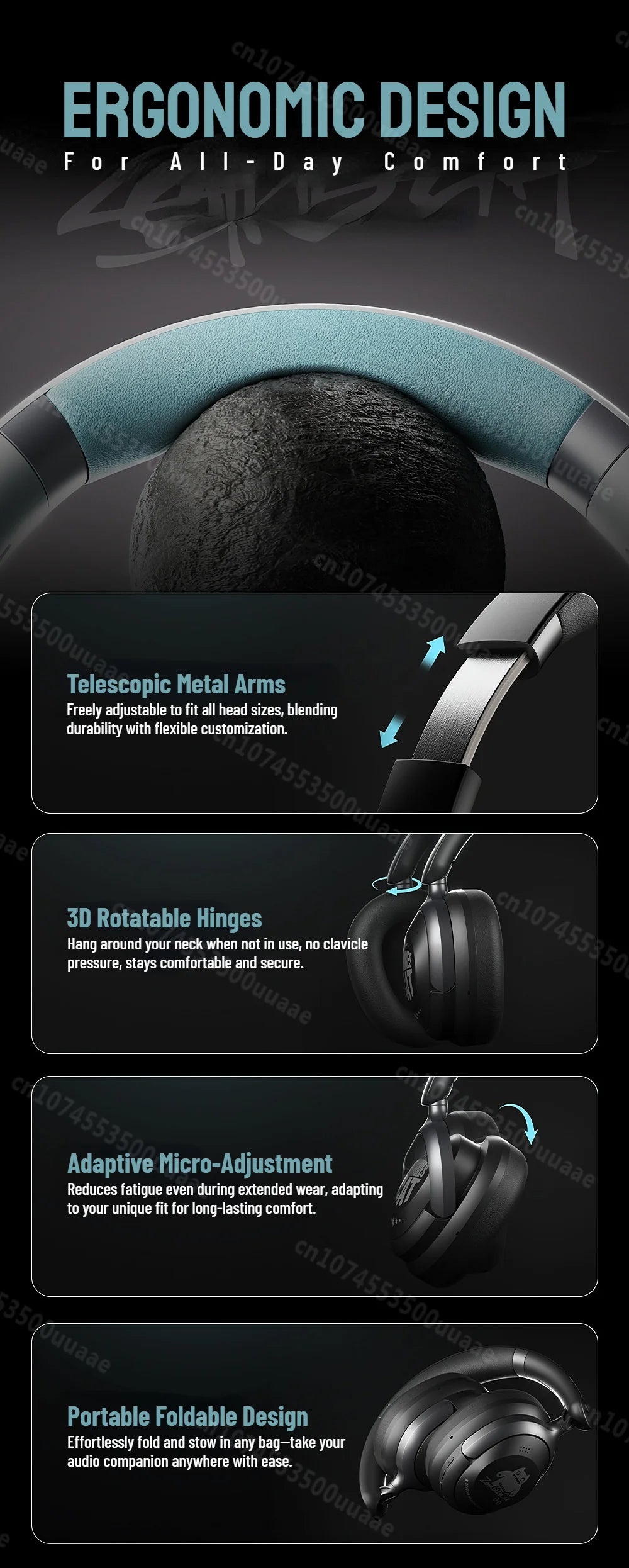 Zombies Cat S10 ANC Bluetooth Headphones with 45dB Noise Cancellation, HiFi Stereo Wireless Over-Ear Headset with Mic
