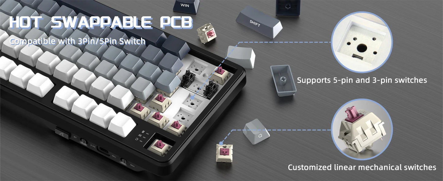 ATTACK SHARK X87 kabellose mechanische Gaming-Tastatur, Tri-Mode BT5.0/2.4GHz/USB-C, Gasket, Hot-Swappable Custom Keyboard, vorglubriziert