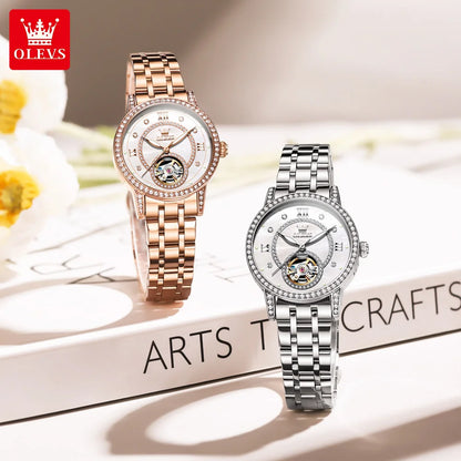 OLEVS Women's Watches Starry Sky Design Automatic Watch for Women Stainless Steel Flywheel Hollowed Ladies Mechanical Watch 7036