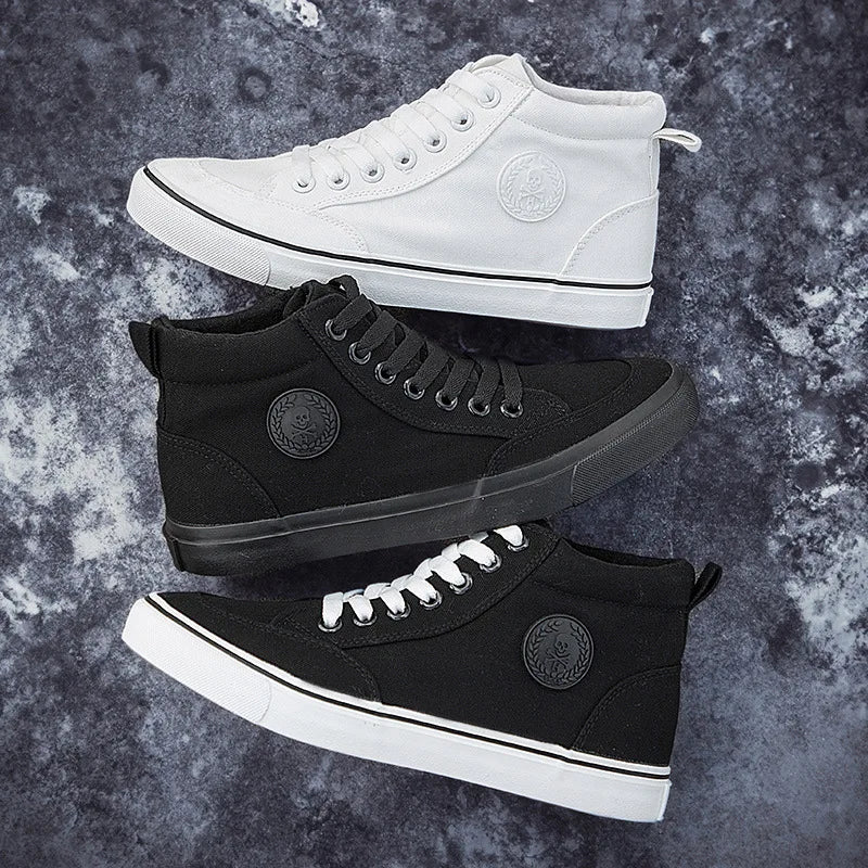 Baskets montantes en toile pour hommes, chaussures de Skate décontractées à lacets, toutes noires, pour étudiants, semelle plate, chaussures de Sport confortables
