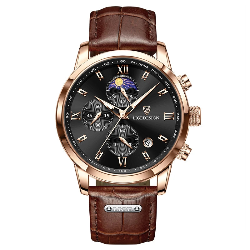 Montre pour homme LIGE – Chronographe sportif, style décontracté, bracelet en cuir, étanche, mouvement à quartz, design militaire