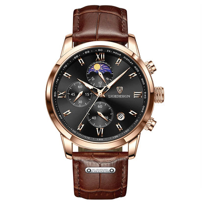 Montre pour homme LIGE – Chronographe sportif, style décontracté, bracelet en cuir, étanche, mouvement à quartz, design militaire