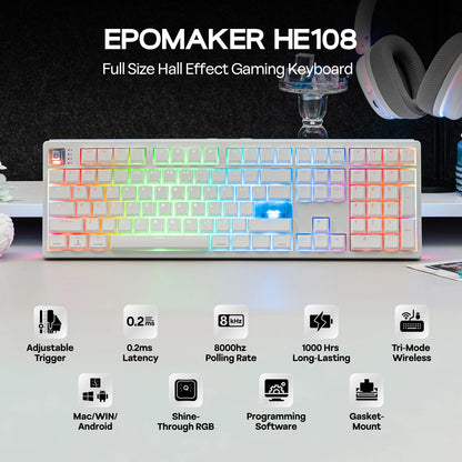 EPOMAKER HE108 Full Sized ANSI US QWERTY Layout Tri-mode Wireless Hall Effect Gaming Keyboard 128K Scan Rate & 10000mAh Battery