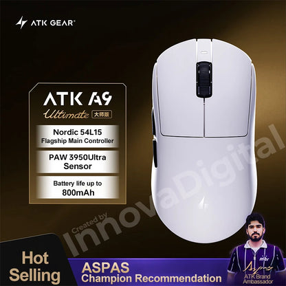ATK Dragonfly A9 Ultimate безжична геймърска мишка A9 Air PAW3950, ултралека ергономична e-sports мишка за FPS геймъри, CSGO A9 Ultra