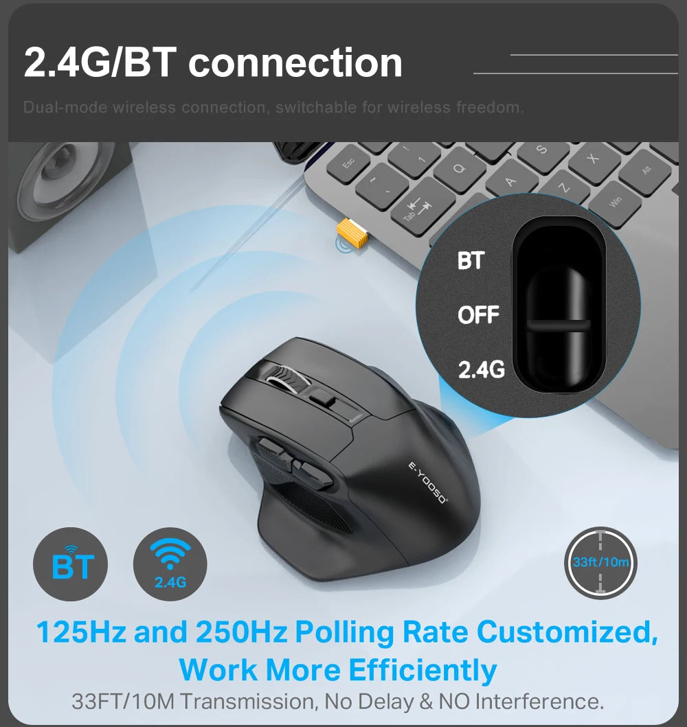 E-YOOSO X-31 Pro USB-gamingmus, stor, med Bluetooth-stöd, 2.4G trådlös, PAW3212, 4800 DPI, för gamers, dator, laptop och PC