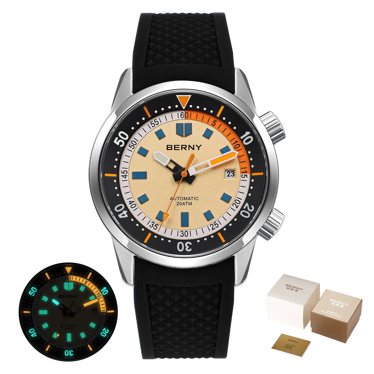 BERNY Men's Dive Watches 200M Waterproof Super Luminous Automatic Mechanical Diver Watch 42mm Sapphire Swim Diving Wristwatch