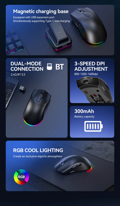 X3 Wireless Bluetooth Mouse Dual-Mode 2.4G Gaming Mouse, Rechargeable RGB Wireless Bluetooth Mouse with Adjustable DPI, Lightweight Ergonomic Mouse