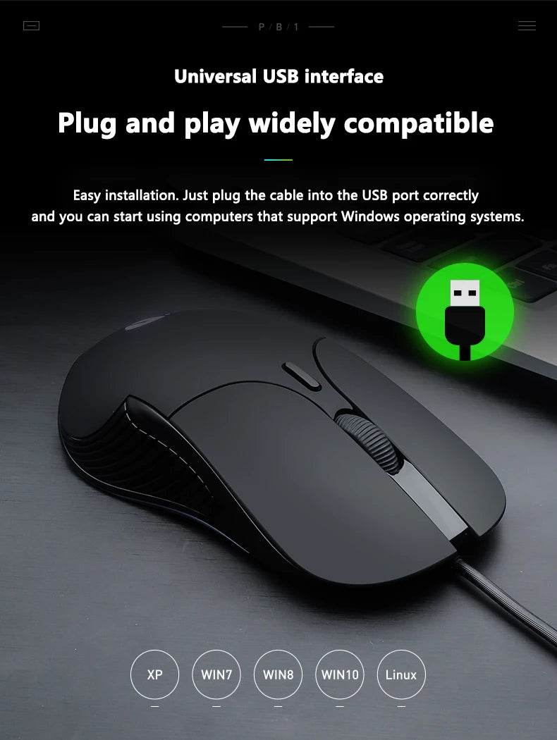 INPHIC B2 trådbunden USB-mus, tyst kontors- och gamingmus för PC och bärbara datorer
