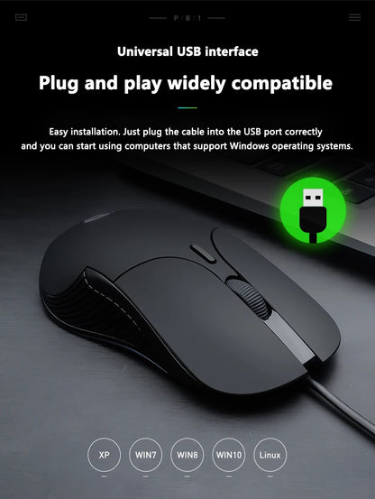 INPHIC B2 trådbunden USB-mus, tyst kontors- och gamingmus för PC och bärbara datorer