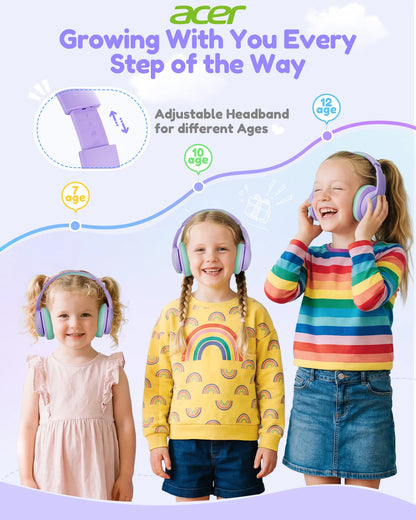 Acer Kids Bluetooth 6.0 Headphones with Mic, 75H Playtime, 85dBA Safe Volume Over-Ear Wireless Headphones, USB-C Fast Charging for iPad, Tablet & School