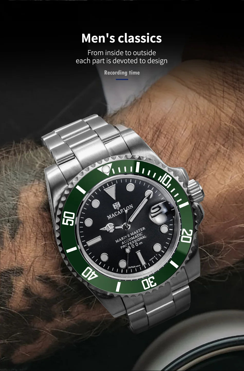 MACARLON Design New 41mm Mechanical Watch Men Sapphire Glass Luminous Stainless Steel Waterproof China NH35 Automatic Watch TOP
