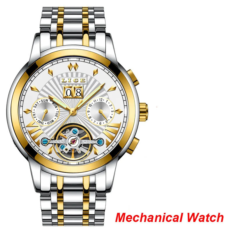 Pánské mechanické náramkové hodinky s automatickým nátahem LIGE – luxusní hodinky nejvyšší třídy s tourbillonem, elegantní a vodotěsný model, ideální pro práci i formální příležitosti.