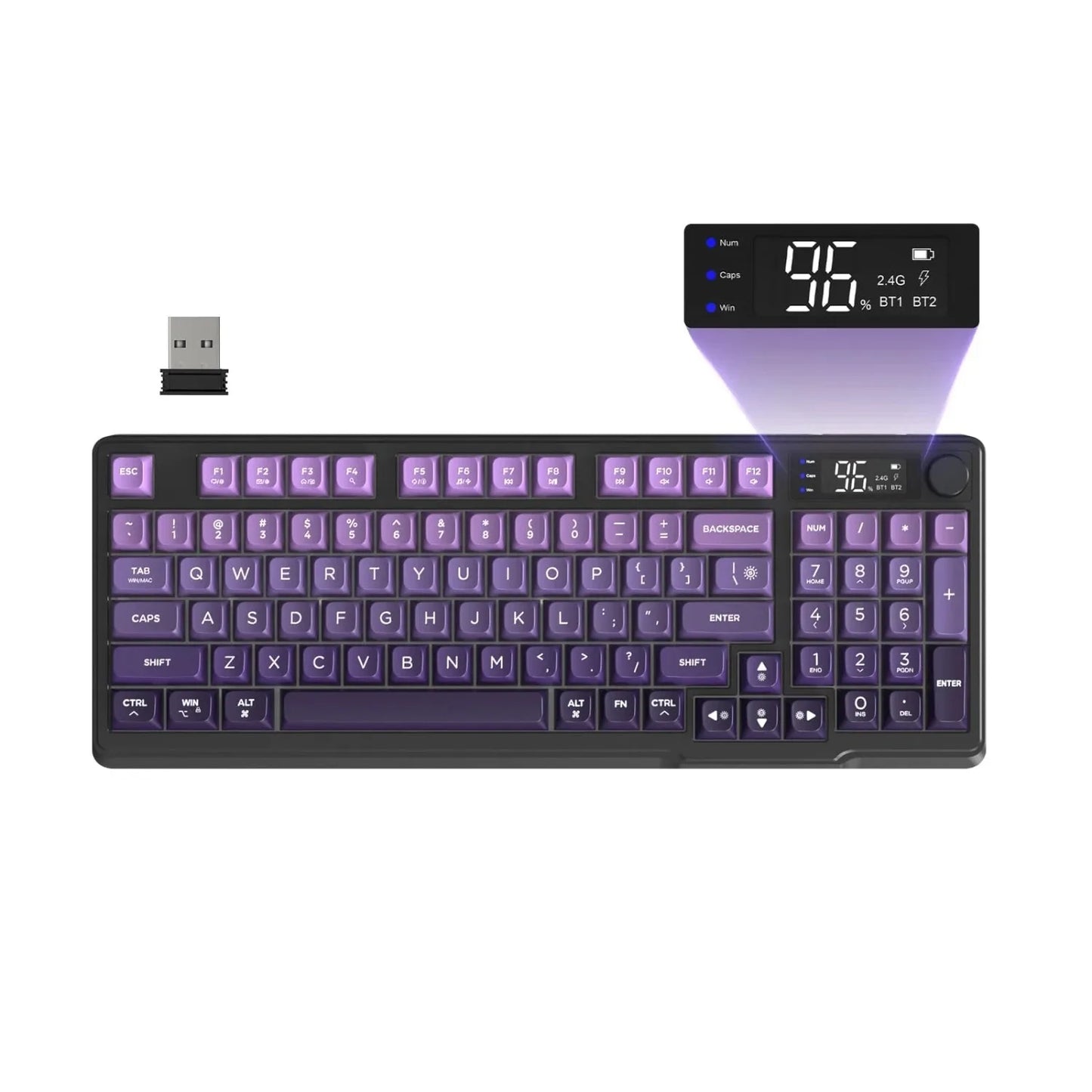 FREEWOLF M96 Wireless Keyboard RGB Gaming Keyboard with Knob Control, Bluetooth/2.4G/USB Wired Mechanical Feel Keyboard, PBT Keycaps, Display Screen, 3000mAh Battery