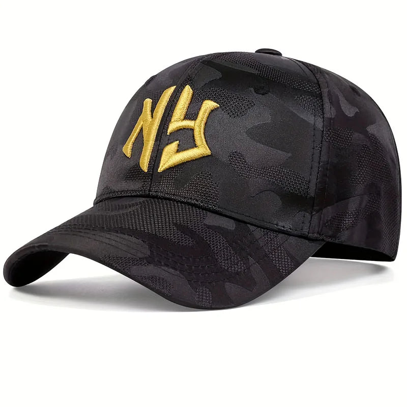 Cappellino da baseball con ricamo di lettere in stile mimetico, cappellino snapback primaverile-autunnale, cappellino sportivo casual regolabile, cappellino protettivo dal sole