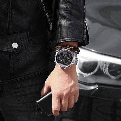 Luksusowy zegarek mechaniczny z automatycznym mechanizmem w stylu retro JARAGAR 034, tourbillon, szkieletowa konstrukcja, stal nierdzewna, kalendarz tygodniowy, zegarek męski