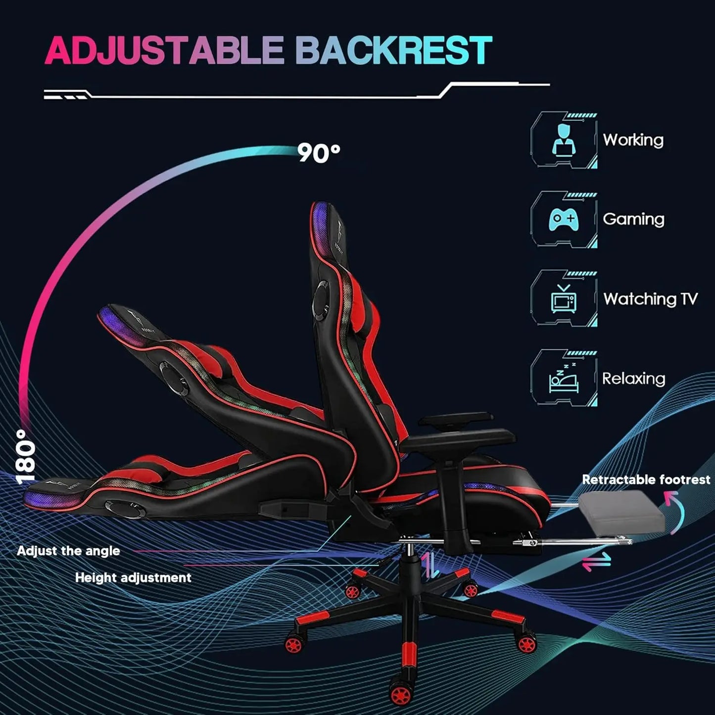 Cadeira Gaming de Massagem com Colunas e Luzes LED RGB, Cadeira Gaming Ergonómica para Computador com Apoio Lombar, Giratória e Ajustável