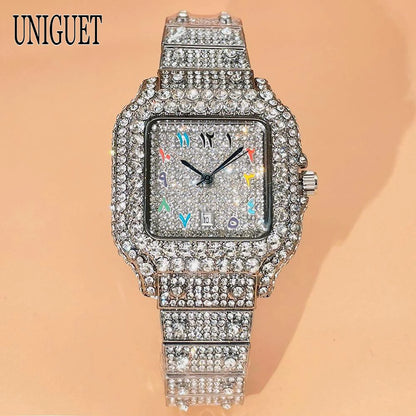 UNIGUET New Women Full Diamond Iced out Watch Fashion Square Rainbow Dial Hip Hop Bling Luxury Quartz Ladies Wristwatch Hot Sale