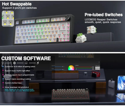 AULA F75 Game Mechanical Keyboard RGB Light 2.4G /BT5.0/Wired Tri-Mode Gasket Structure 75% Customized Gradient Grey Keyboard
