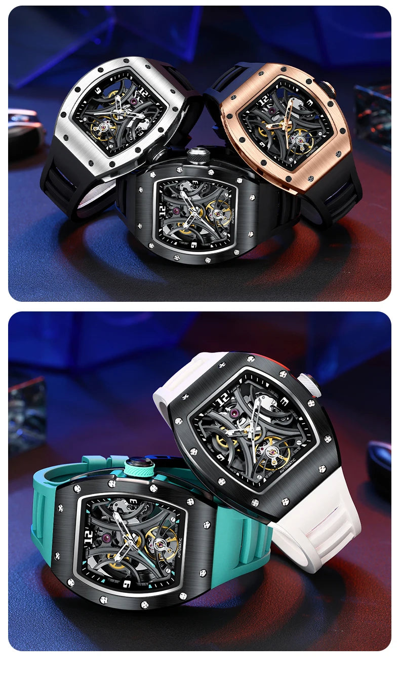 Luxury Automatic Watch Men Sports Barrel Skeleton Design Mechanical Movement Silicone Strap 5 ATM Waterproof Watches