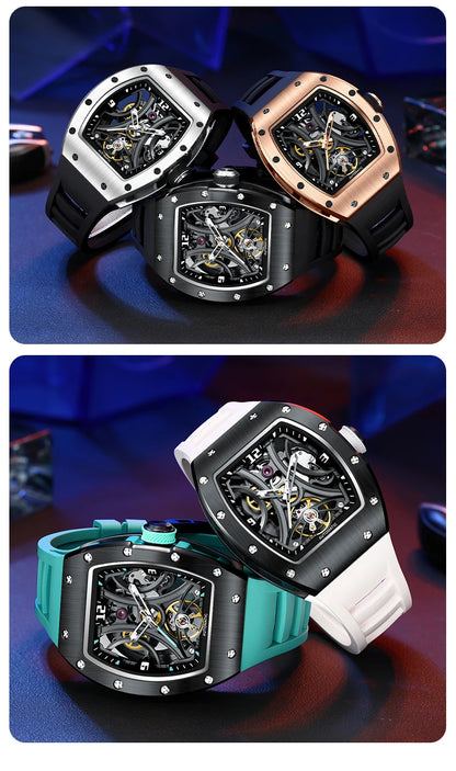 Luxury Automatic Watch Men Sports Barrel Skeleton Design Mechanical Movement Silicone Strap 5 ATM Waterproof Watches