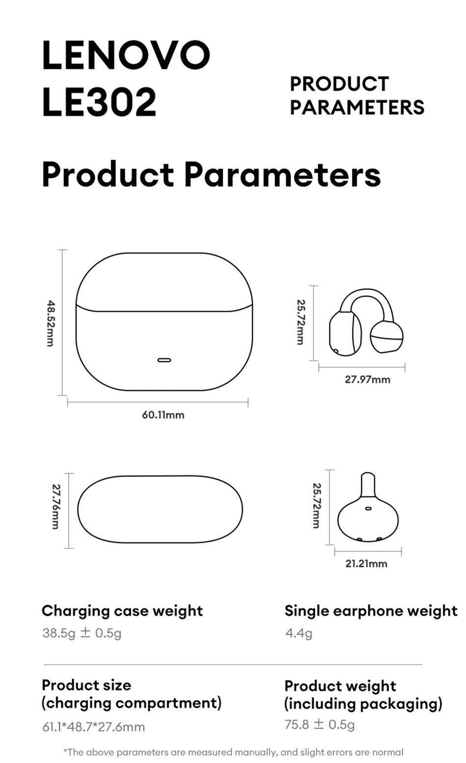Lenovo LE302 Wireless Bluetooth 6.0 Headset Long Battery Life Sports Ear Clip Earphones HIFI Stereo Noise Cancelling Headphones