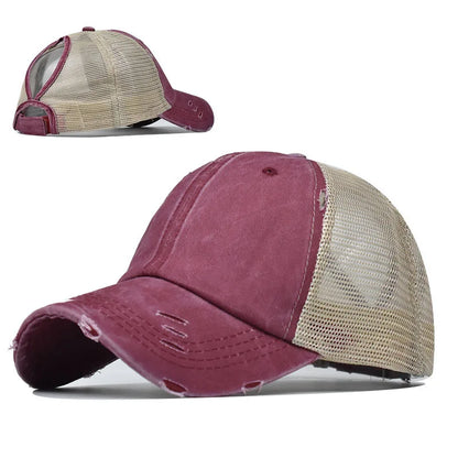 1 casquette de baseball vintage en maille « ponytail », casquette de camionneur ajustable, délavée et vieillie, offrant une protection solaire en extérieur, idéale pour le printemps et l'automne