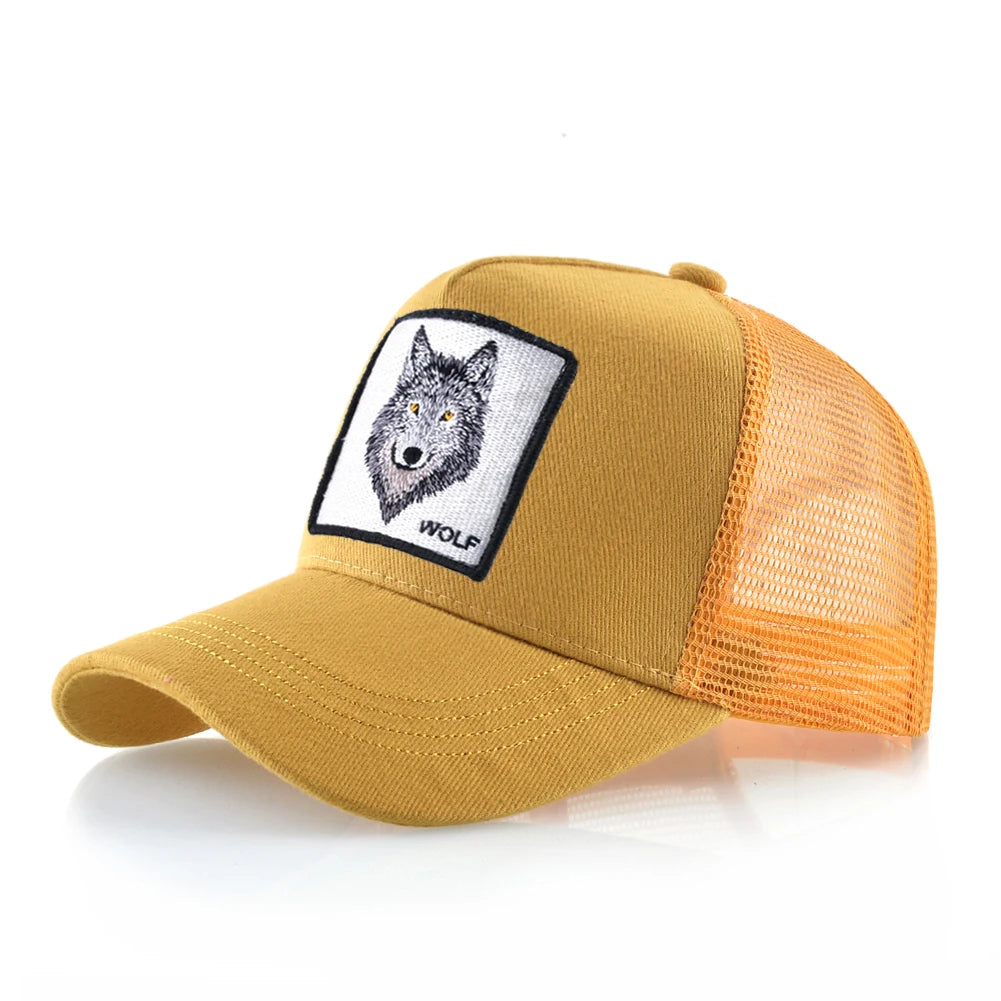 Cappellino da baseball da uomo K Snapback Trucker in rete traspirante per donna, cappellino da baseball casual da esterno con toppa ricamata raffigurante un lupo