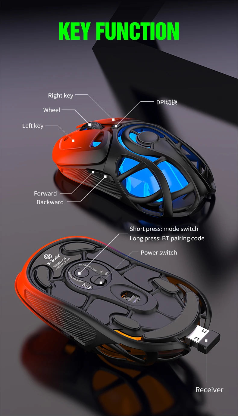 X10 Tri-Mode Gaming Mouse Wireless Bluetooth Gaming Mouse, 10000 DPI RGB Rechargeable Gaming Mouse, BT/2.4G/Wired Gaming Mouse for PC, Mac & Laptop