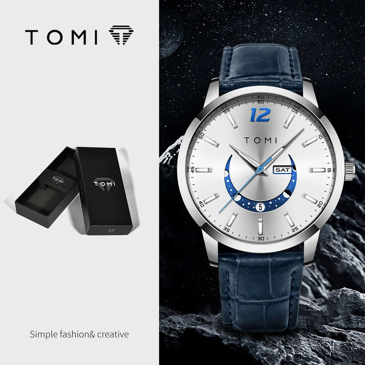TOMI quartz watch, business-style and elegant, with a leather strap, alloy case and analogue dial – High-end design, a gift idea for men