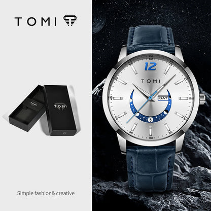 TOMI quartz watch, business-style and elegant, with a leather strap, alloy case and analogue dial – High-end design, a gift idea for men