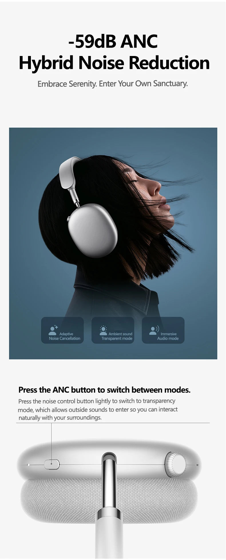 Picun F8MAX ANC Wireless Headphones 59dB Noise Cancelling Bluetooth 6.0 Over Ear Headset with Spatial Audio, 180H Battery Life & HiFi Sound
