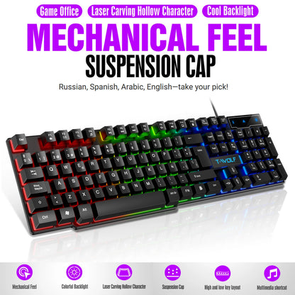 Teclado gaming con sensación mecánica, retroiluminación RGB, teclado con cable USB para oficina y hogar, teclas multimedia, ruso, español, árabe e inglés
