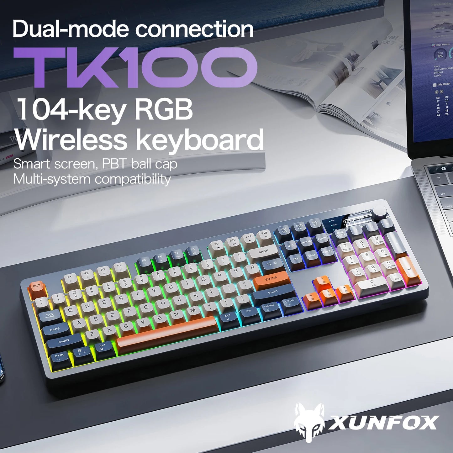 XUNFOX TK100 Bluetooth Wireless Dual-Mode Keyboard, 98-Key RGB Wireless Gaming Keyboard with Rechargeable Battery for Desktop, Laptop & Office