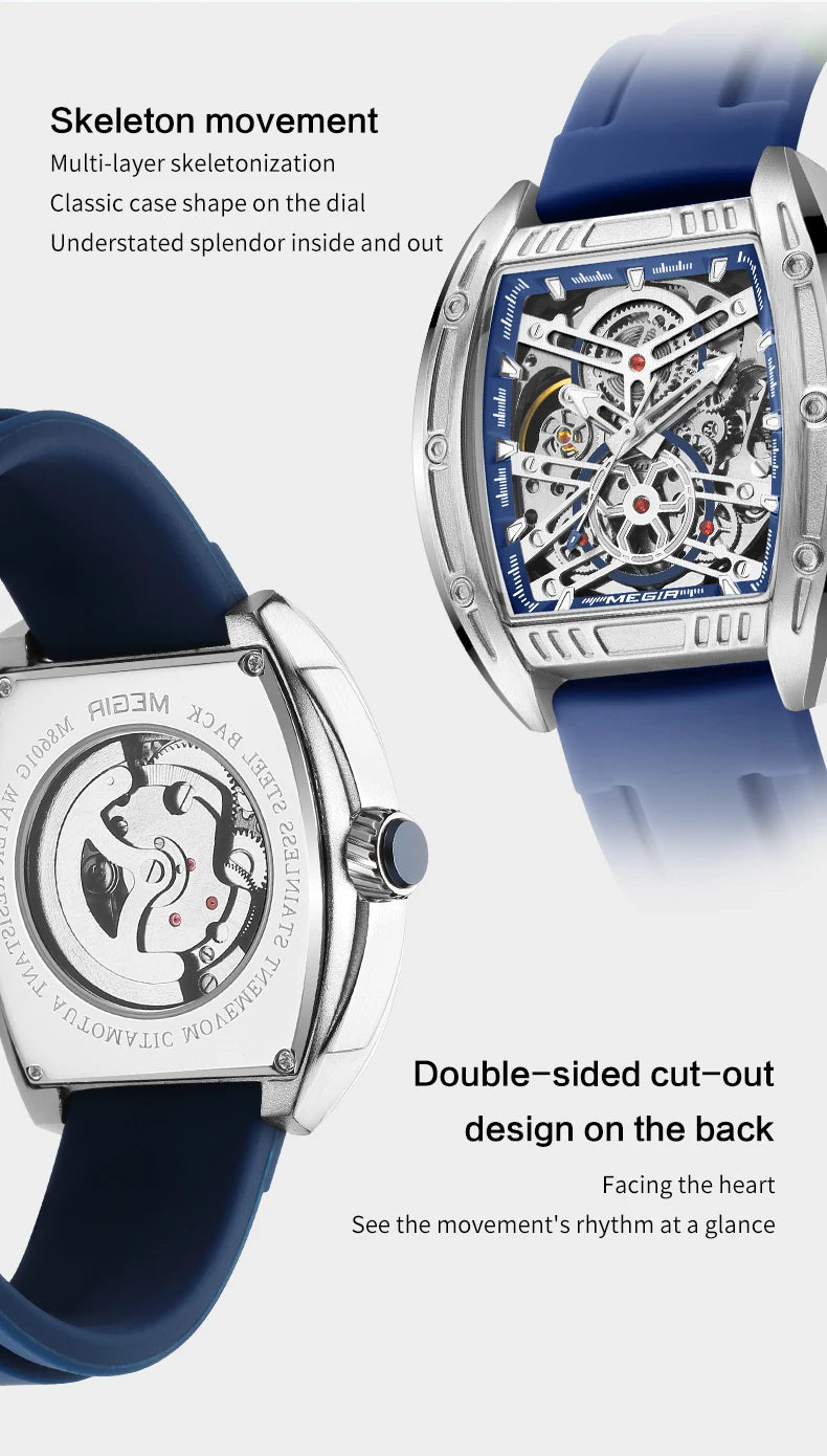 2026 Men's Automatic Mechanical Watch with Stainless Steel Case Silicone Band Skeleton Dial Waterproof Sport Wristwatch